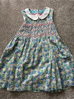 Mini Boden Girls' Floral Smocked Peter Pan Collar Dress - Blue & Green